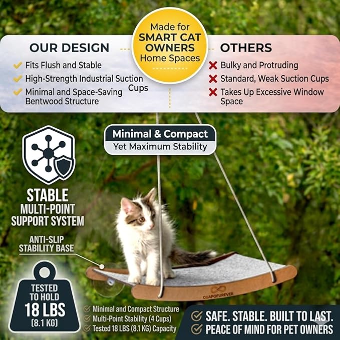 Durable Window Cat Bed – Eco, Heavy-Duty Suction Cups, cat Window Hammock & Washable Cover, Space-Saving Window Seat, Strong Suction Cup Window Perch for Indoor Felines (Medium)