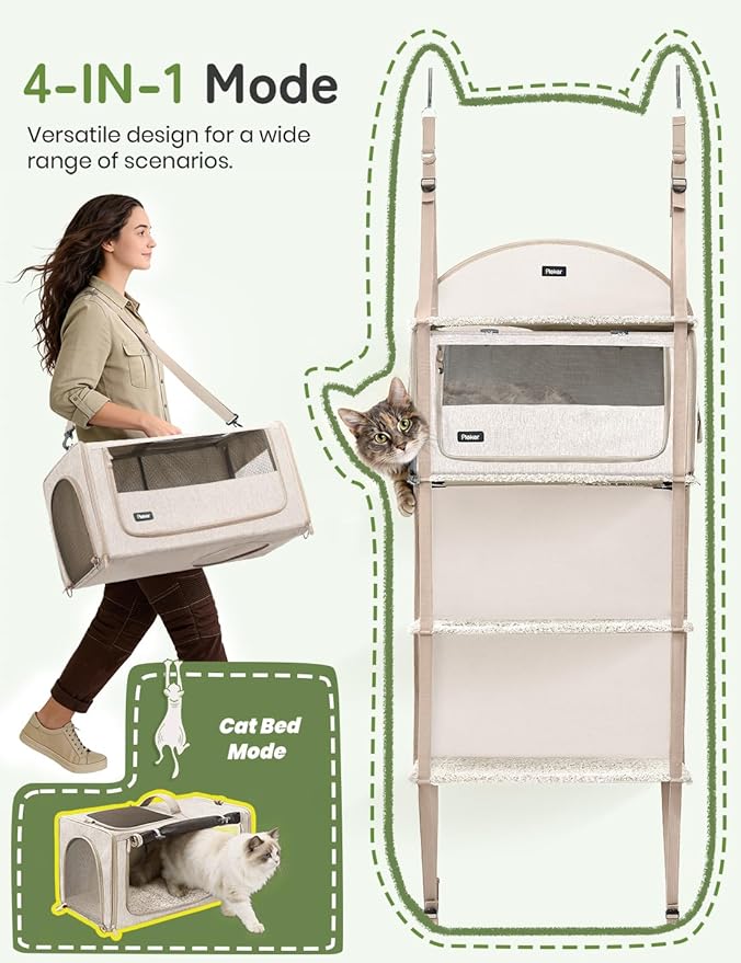 Pet Carrier for Small/Medium Cats Up to 22lbs, 4 in 1 Multi-Level Door Hanging Cat Tree Tower Condo for Indoor Cats, Collapsible and Tool-Free Assembly, Fits Doors <86in H