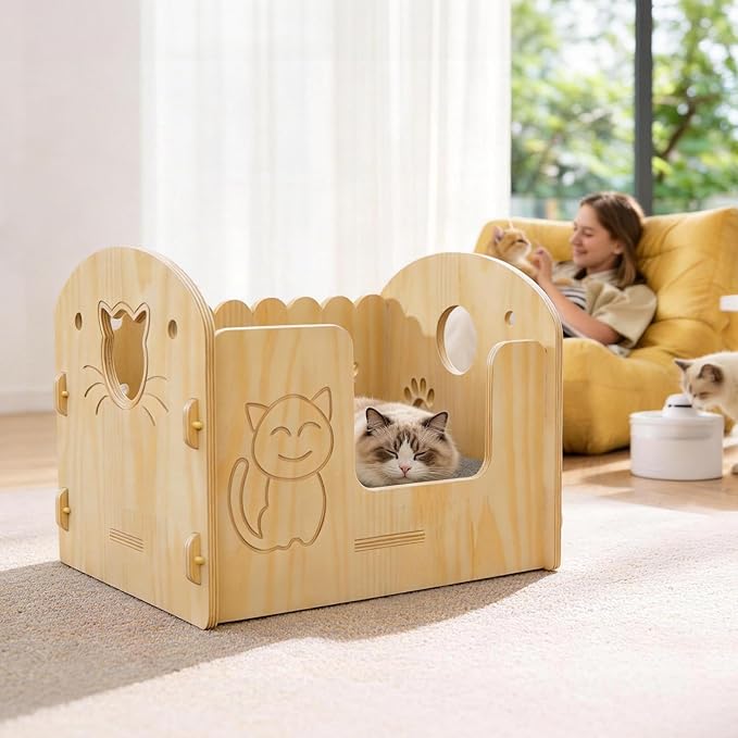 Solid Wooden Semi-Enclosed Cat Bed with Cartoon Carving Craft, Space-Saving for Small Apartments, Studios & Rental Homes, Modern Nordic Cat Furniture for Indoor Cats & Kittens