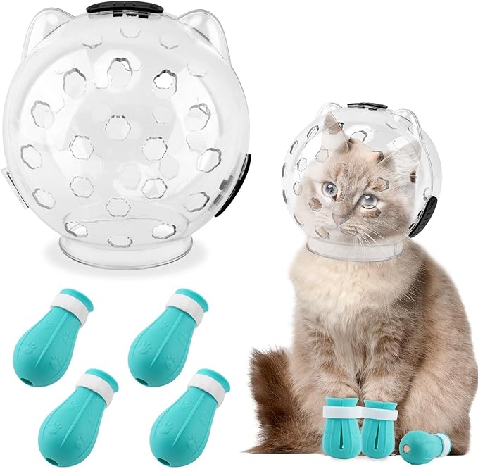 Cat Muzzle for Grooming, Transparent Cat Helmet with 4 Silicone Claw Covers, Adjustable Breathable Kitty Hood Anti Bite Bubble Astronaut Groomin Mask for Pet Bath Nail Trimming,S
