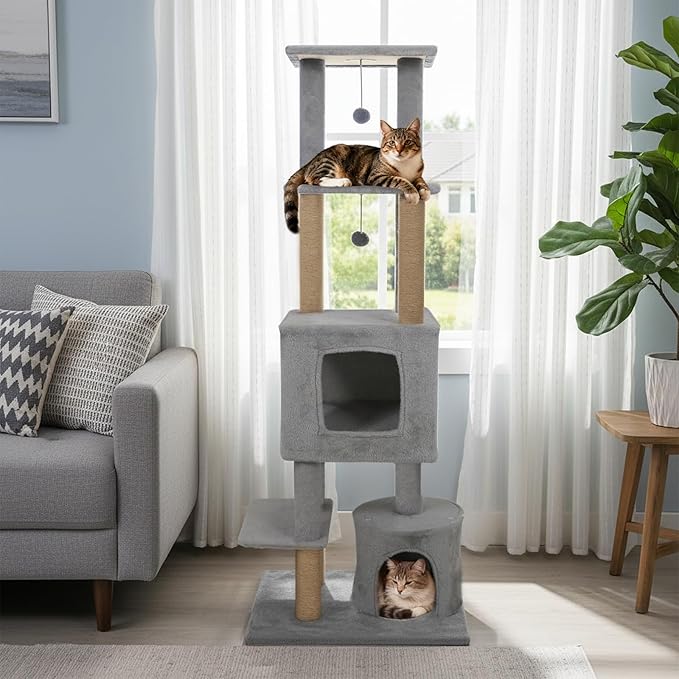 Tangkula 64 Inch Tall Cat Tree, Multi-Level Cat Tower with 2 Large Condos, Jute Scratching Posts, Plush Top Perch, Dangling Toys, Cat Climbing Furniture for Indoor Adult Cats & Kittens (Light Gray)