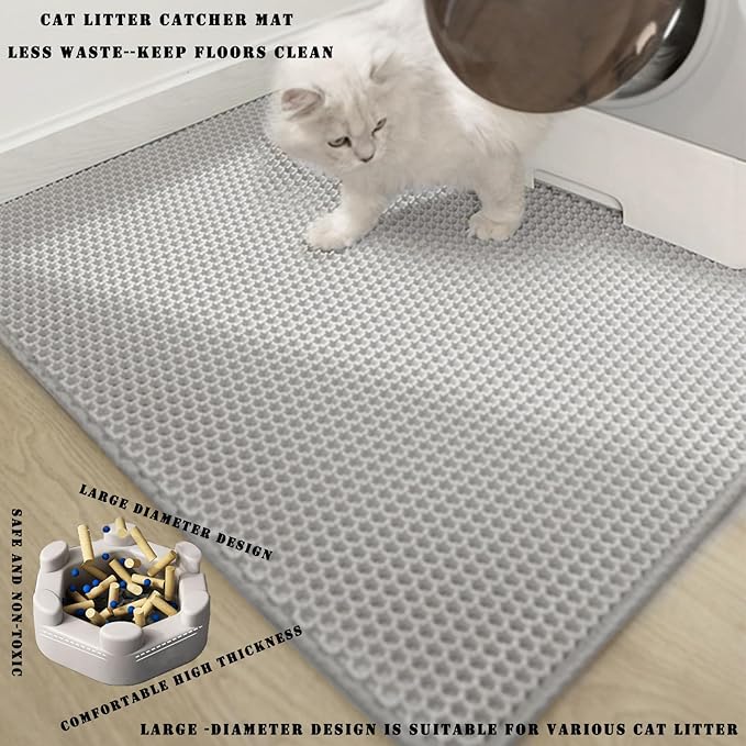 HCY&WLD Cat Litter Mat, 45x26/35x24/30x22/24x18 Inch Double Layer Cat Litter Box Mat, EVA Non-Slip, Waterproof Urine Proof Cat Litter Catcher Mat, Easy Clean Scatter Control (35x24 Inch, Khaki)