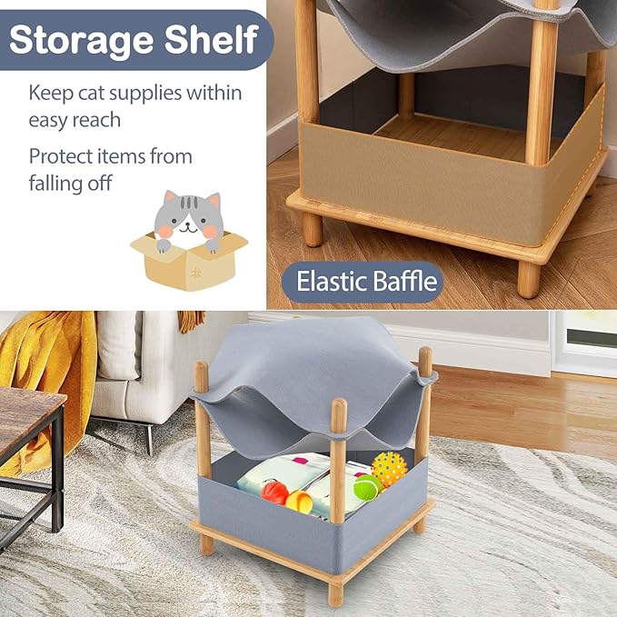 Tangkula Elevated Cat Hammock Bed, 2-Tier Bamboo Pet Bunk Beds for Indoor Cats, Modern Raised Hanging Bed with Semi-Enclosed Condo, Removable & Washable Felt Fabric, Extra Storage Space (Gray)