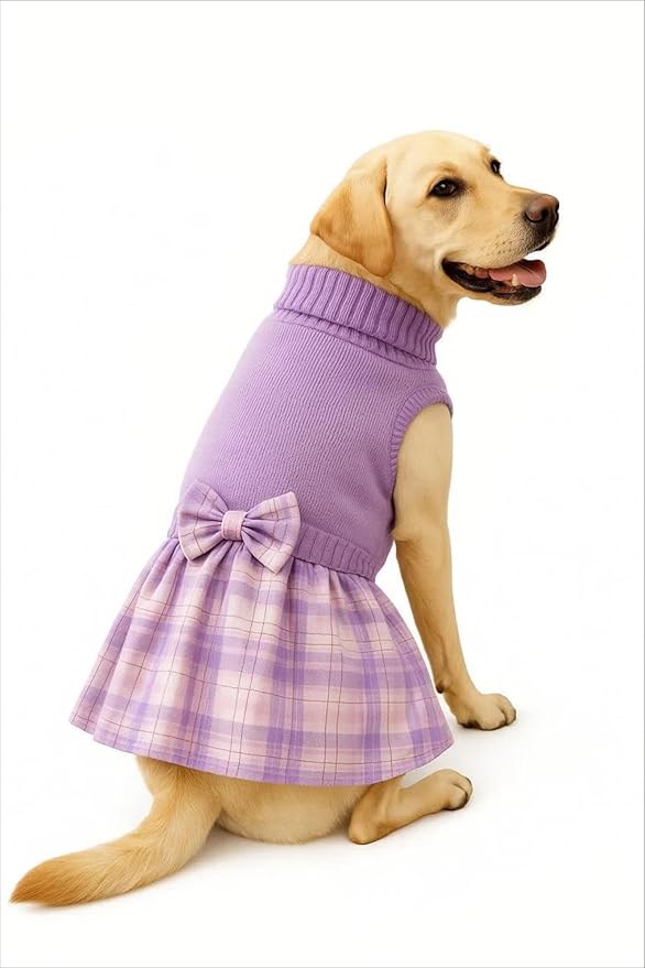 Purple Knitted Dog Sweater Dress, Pink Plaid Dog Winter Clothes Dresses for Dogs Girl, Dachshund Doggy Pet Apparel, Large (L)
