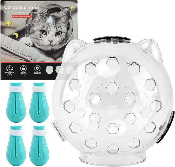 Cat Muzzle for Grooming, Transparent Cat Helmet with 4 Silicone Claw Covers, Adjustable Breathable Kitty Hood Anti Bite Bubble Astronaut Groomin Mask for Pet Bath Nail Trimming,S