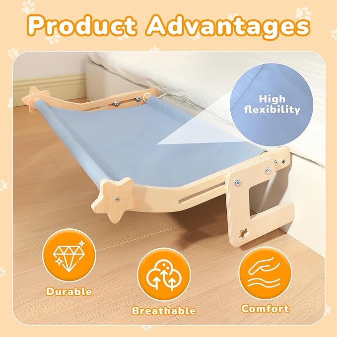 Cat Window Perch for Large Cats, Heavy Duty Hammock Bed No Drill Design, Solid Wood Frame Seat with Metal Hooks, Adjustable Windowsill or Bedside Use, Washable Cushion for Indoor Pets
