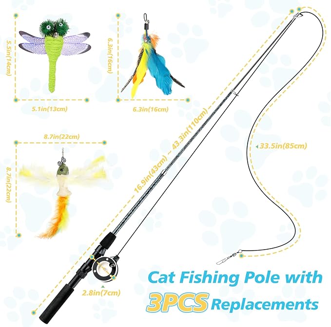 Pawaboo Cat Feather Toys, 4 Pack Interactive Cat Feather Teaser Wand Toys, Retractable Fishing Pole Wand Catcher Exerciser with Refill Fish, Dragonfly Worm with Bells, Blue Yellow Green
