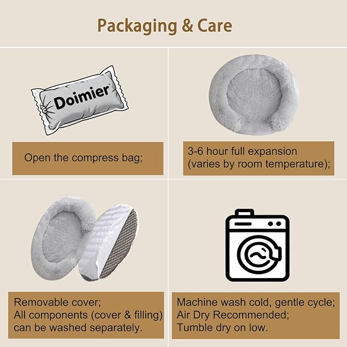 Calming Dog & Cat Beds with Orthopedic Egg-Crate Foam Raised Rim, Soft Fluffy Faux Fur Pet Bed for Small Medium Dogs, Anxiety Relief Spine Support, Machine Washable (Round, Pale Grey 28")