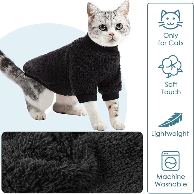 Sphynx Cat Sweater, Hairless Cats Turtleneck Pullover Kitten Sweaters for Cats Only, Warm and Soft Cat Pajamas Shirt with Sleeves Pet Winter Clothes Fleece Jumpsuit for Puppy, Black S