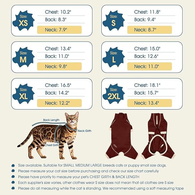 ROZKITCH Cat Body Suit to Stop Licking, Cat Body Suit with Legs After Surgery Anxiety Jacket with Four Legs, Onesie Body Suit After Surgery Brown 2XL