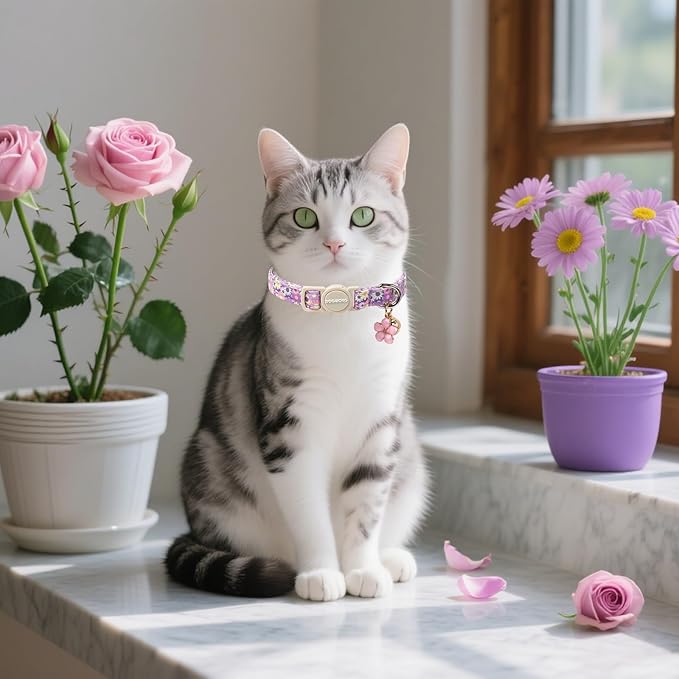 Cat Collar,2 Pack Cute Cat Collars Breakaway with Bell- Safety Buckle Flower Pink Rose Cat Collar for Girl Cats and Small Dogs，Adjustable 7-12 Inch,Pet Supplies Accessories