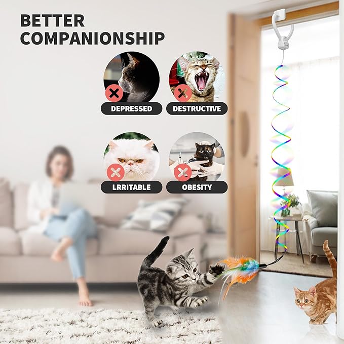 Interactive Cat Toy for Indoor Cats, Automatic Hanging Door Frame Toy with Feather & Mouse, 360° Rotating, USB Rechargeable Self Play Kitten Toy for Hunting Instinct, Cat Boredom Relief