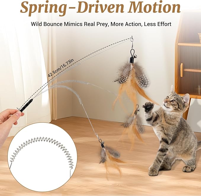 ROSAUI Durable Cat Wand Toy Set for Cats, 4 Steel Wire Teasers with Soft Spring, 7 Replaceable Feather Refills, One-Piece Molded Handle for Interactive Indoor Play, Best for Small to Medium Cats