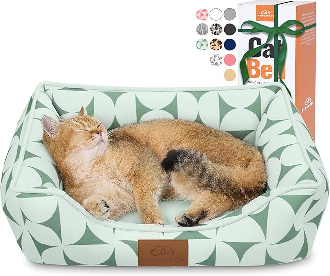 Zerbuger Rectangle Cat Dog Bed for Large Medium Small Pets Indoor Outdoor Machine Washable Sleeping Sofa Non-Slip Bottom Soft Puppy Bed Durable Orthopedic Calming Pet Cuddler (Small, Green Pattern)