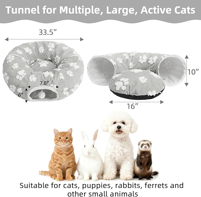 Cat Tunnel Bed for Indoor Cats- Cute Cat Dount Play Tunnel, Soft Plush Peekaboo Kitten Cave with Washable Cushion, Collapsible Multifunctional Round Pet Playground Toys for Kitty Small Puppy Rabbit