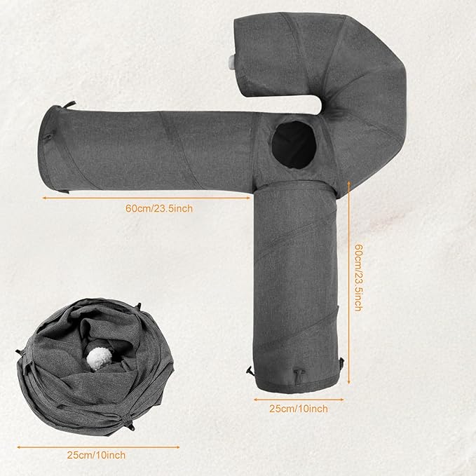 Ownpets Cat Tunnel Large 3 Way Collapsible Cloth Pet Tunnel Tube with Plush Ball & Feather Toy, U-Shaped Cat Play Tunnel for Indoor Cat, Puppy, Kitty, Kitten, Rabbit(Gray)