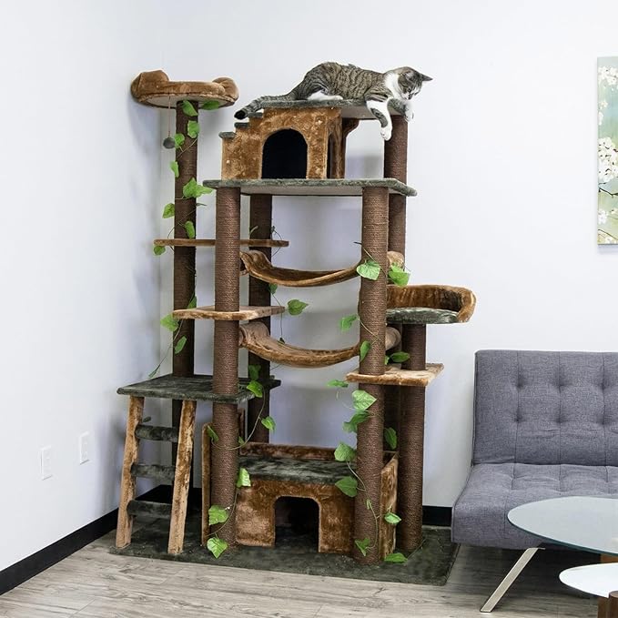 CozyCatFurniture XXL Cat Tree for Indoor Cats with Two Large Hammocks, Extra Wide Condo and Sisal Scratching Posts, Green/Brown