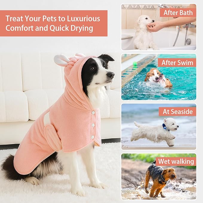 Pet Bathrobe Towel Dog Cat Drying Coat Super Absorbent Cute Dogs Bath Towel Hooded Robe Adjustable Collar & Belly Strap for XSmall to XLarge Pets (Coralpink, X-Large)