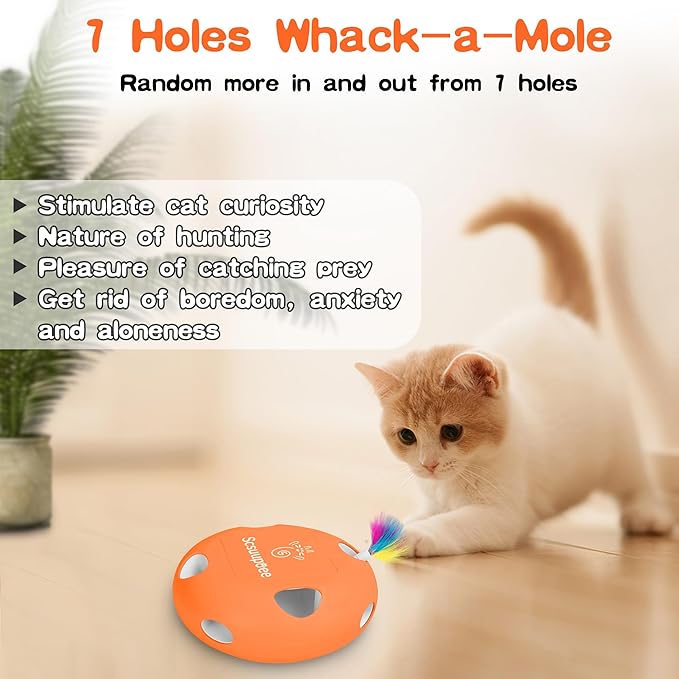2-in-1 Rechargeable Interactive Cat Toy, Smart Sensor Pop-Up Feather Toy with 7 Holes, USB Powered Automatic Kitten Toy for Indoor Cats, Orange