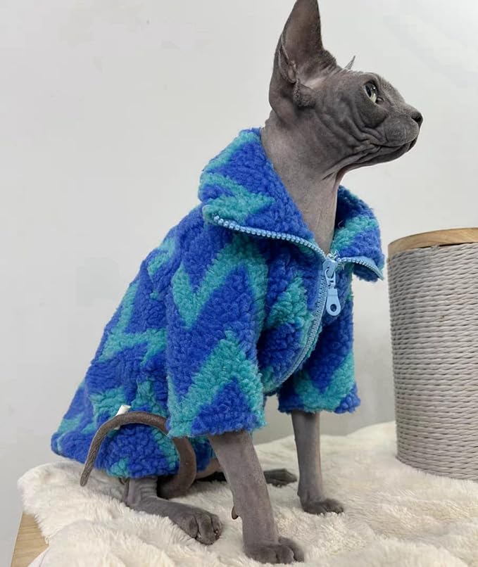 Turtleneck Sphynx Cat Winter Clothes, Double-Sided Fleece Jacket with Zipper, Sweater for Sphynx Cat Winter Warm Outfit Coat for Hairless Cats and Small Dogs Apparel with Sleeves (Lightning, Small)