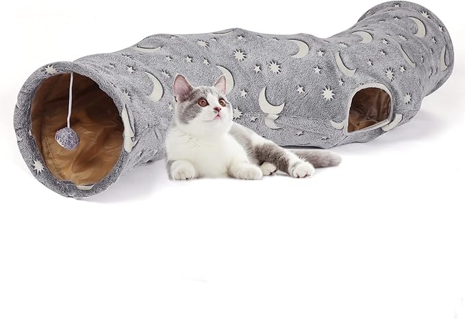 Cat Tunnel Tube with Plush Ball Toys Collapsible Self-Luminous Photoluminescence, for Small Pets Bunny Rabbits, Kittens, Ferrets,Puppy and Dogs Grey Moon Star (S-Shape)
