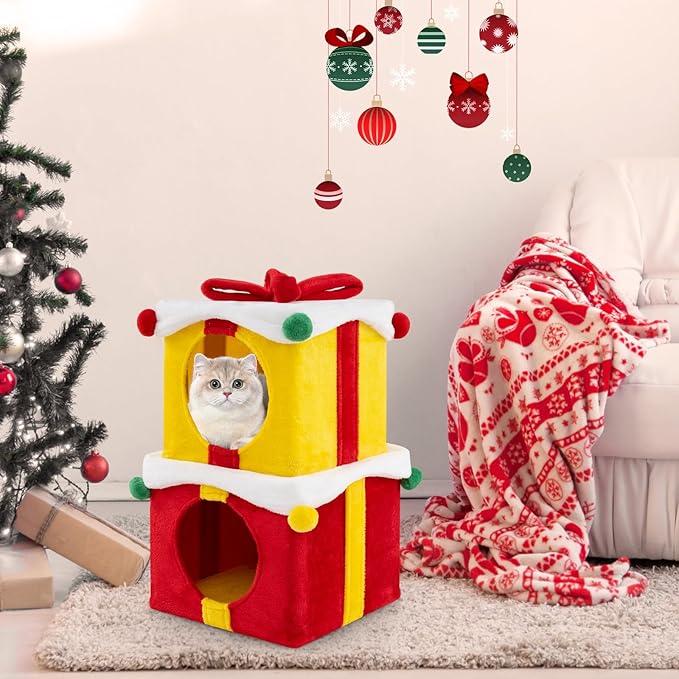 Tangkula Gift Box-Shaped Cat House, Christmas 2-Story Cat Condos, Stackable & Free Combination Kitten Tower, Soft Plush Covered Hideaway Cat Beds Caves for Indoor Kittens
