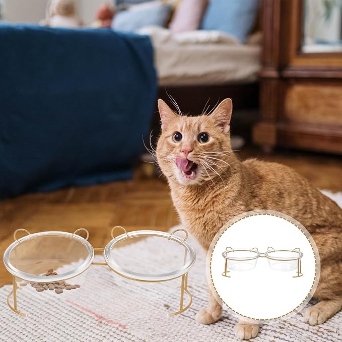 SHINEOFI Glass Cat Food Bowl Double Raised Pet Bowls Gold Iron Stand Indoor Feeding Watering Small Dogs