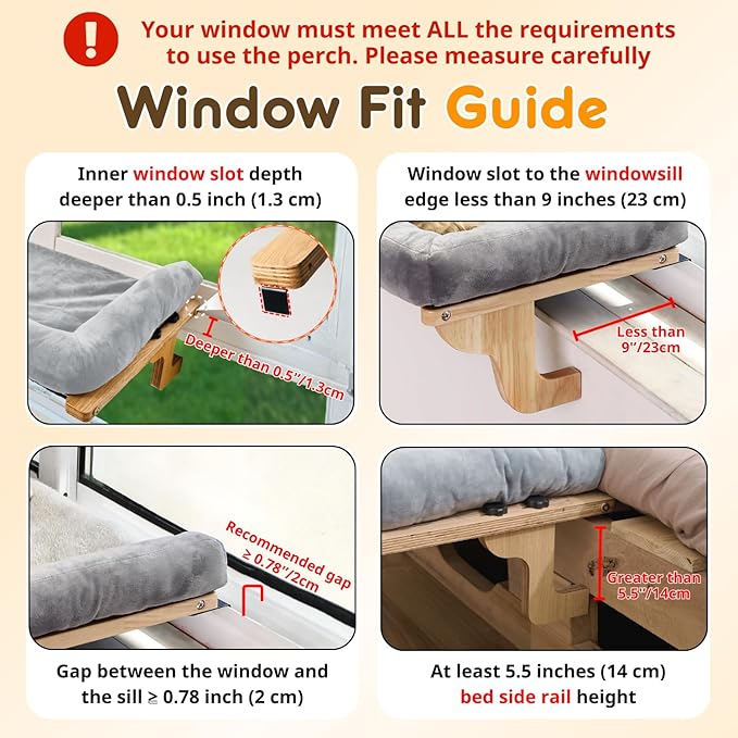 [Ready to Gift] PURRHOUSE Cat Window Perch with Cushion Bolster and Cool Pad, Cat Hammocks for Windows with Wood & Robust Metal Frame for Large Cats, Beds for Windowsill, Bedside and Cabinet,24''W