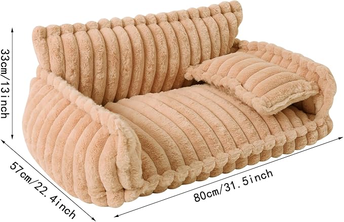 Plush Pet Couch, Soft Cat Bed with Bolster, Comfortable Pet Sofa for Indoor Lounging, Washable Cover, Large Size, Perfect for Medium to Large Breeds (Camel)