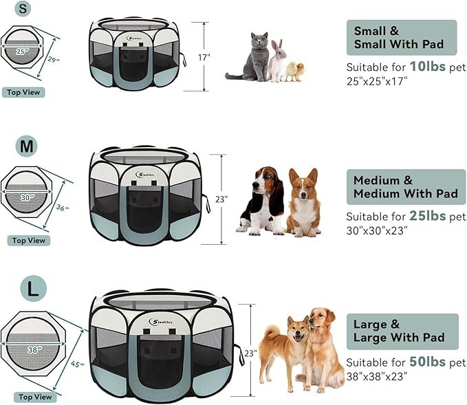 Siedihit Medium Dog Cat Playpen, Puppy Pet Playpen Indoor for Dog Crate Tent Cage Outdoor, Portable Pop Up Dogs Enclosure Kennel with Carrying Case for Dogs/Cats/Rabbits (Grey with Pad, Medium)