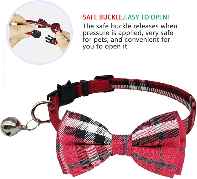 2 Pack/Set Cat Collar Breakaway with Cute Bow Tie and Bell for Kitty and Some Puppies, Adjustable from 7.8-10.5 Inch (Red+Black, Plaid)