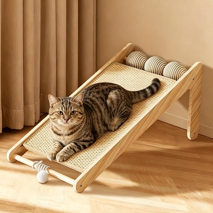 Sisal Cat Scratching Board, 23" Scratching Ramp for Indoor Kitty, L-Shaped Wooden Cat Furniture with Hanging Ball, Multi-Functional Cat Toy, Meets Scratching, Tapping & Pouncing Needs