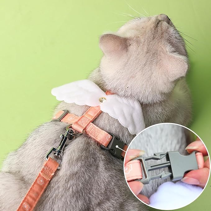 Cat Harness and Leash Set for Outdoor Travel Walking Escape Proof Soft Safe Adjustable Kitten Puppy Small Strap Cute Angel Style, Pink Wing, S