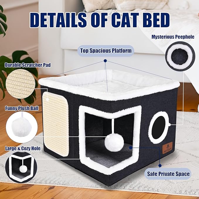 Cat Beds for Indoor Cats, Large Cat Cave Bed with Scratch Pad and Fluffy Ball, Foldable Cat Hideaway, Cat House with Reversible Cushion for Multi Small Pet Up to 30LBS, Dark Grey