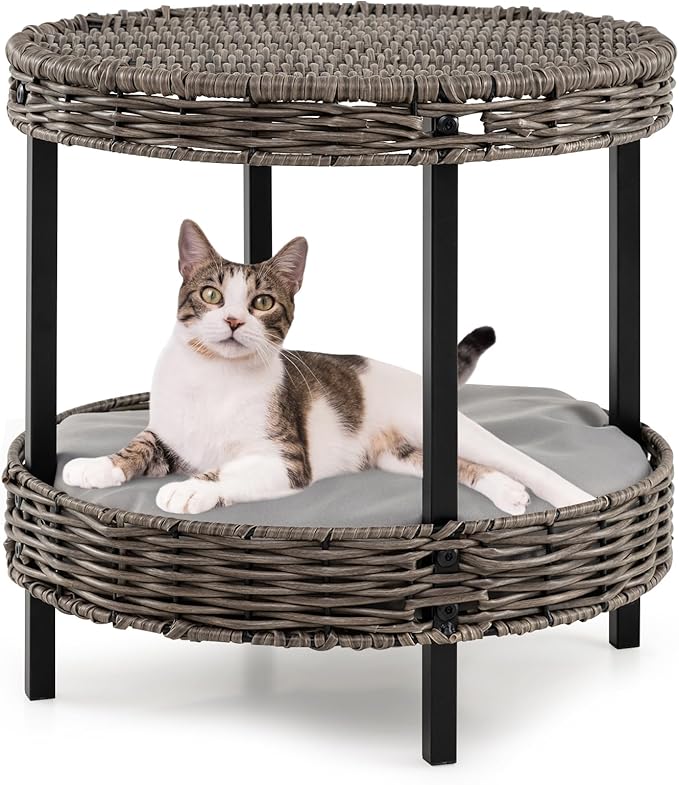 Tangkula 2-Tier Rattan Cat Nest, Wicker Kitten Condo with Removable Padded Cushion, Raised Cat Bed for Small Animals, Indoor & Outdoor Elevated Pet Shelter for Home, Deck, Balcony