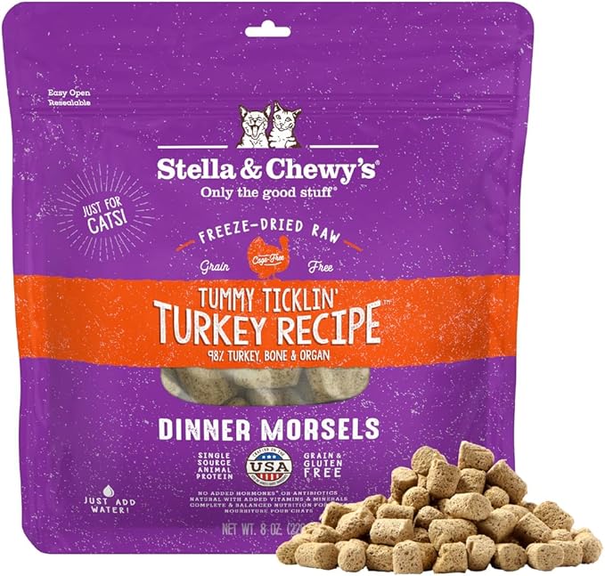 Stella & Chewy's Freeze-Dried Raw Cat Dinner Morsels - Premium Turkey Recipe with 98% Farm-Raised Meat & Organs - Natural Grain-Free Cat & Kitten Food - Made in USA - 8 oz