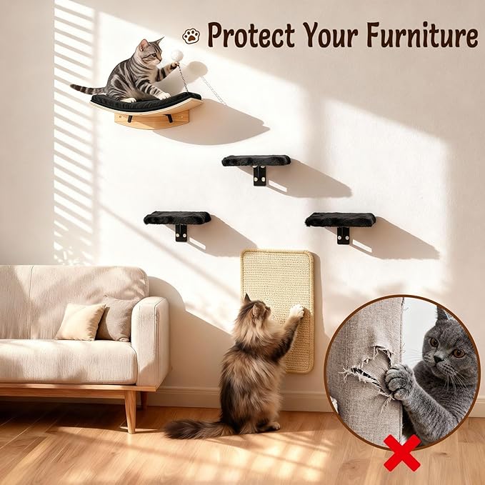 Cat Wall Shelves, 5 in 1 Cat Furniture Set with Soft Curved Pad，Modern Space-Saving Wall Mounted Shelves for Play & Rest