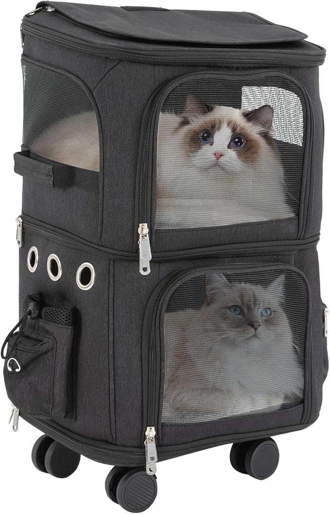 Double-Compartment Pet Carrier Backpack with Wheels for Small Cats and Dogs, Cat Rolling Carrier for 2 Cats, Perfect for Traveling/Taking a Walk/Trips to The Vet,for Up to 22 LBS (Black)