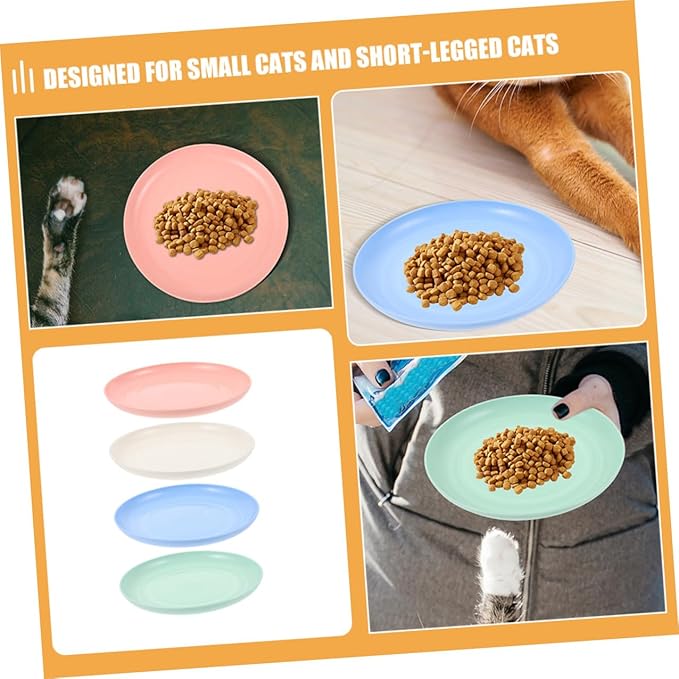 KALLORY 4pcs Shallow Cat Food Bowls Set, Cute Small Pet Plates for Indoor Cats and Kittens, 20cm Wide Flat Dish with Beige, Blue, Pink, and Teal Colors for Feeding and Watering