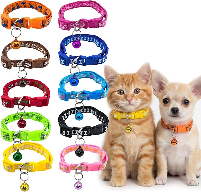 10 Packs Random Puppy Collars for LitterSoft, Durable, and Stylish Nylon Collars with Colorful Bells, Suitable for Small Pets