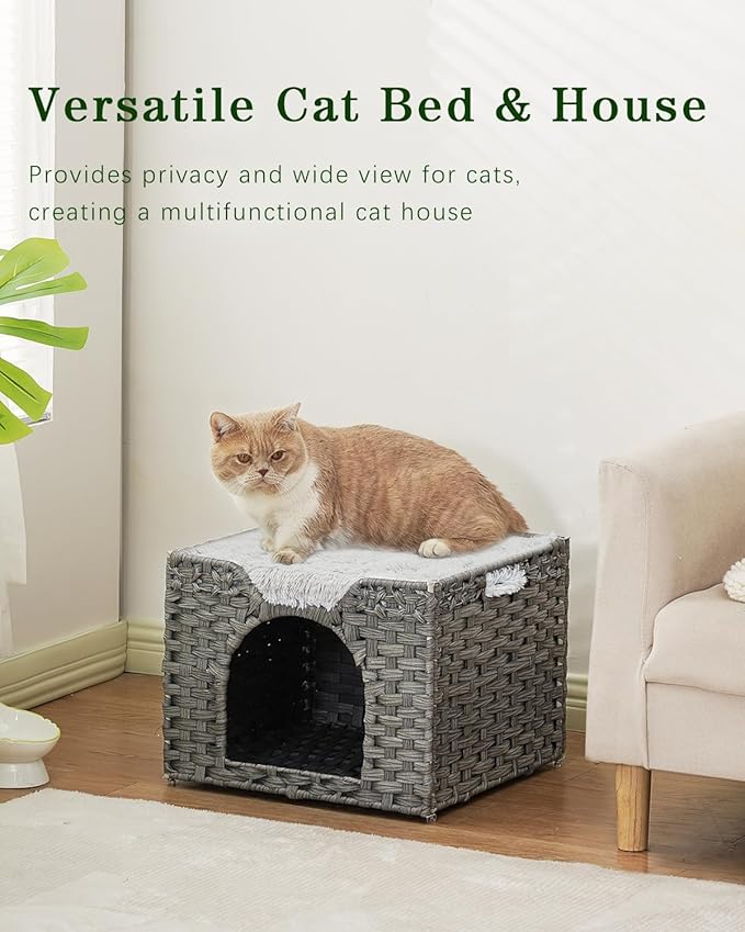 SETVSON Cat Beds Indoor Kitten House, Handwoven Rattan Cat Cave Pet Cube, Large Cat Houses, One Bed Mat, Foldable, Hideaway, 16.5x16.5x13.2 Inches, 2 S-Shaped Hooks in Living Room Bedroom Gray