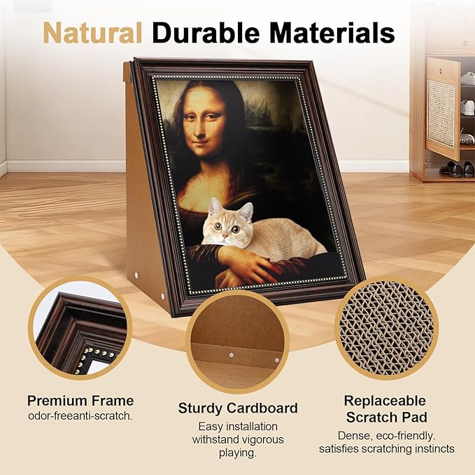 Mona Lisa Cat Bed - 4D Oil Painting Art Cat Scratcher for Indoor Cats, Half-Surround & Armrest Design, Cardboard Cat House, Novelty Gift for Cat Pawrents