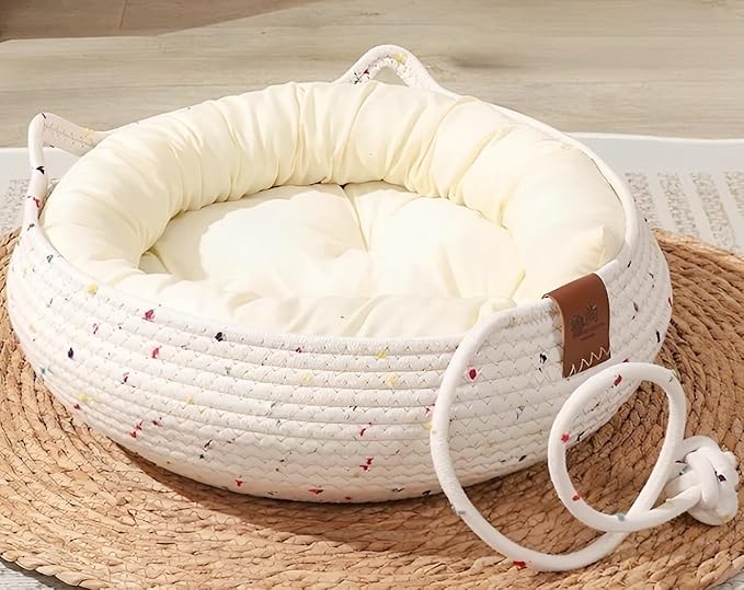 Hand Woven Cat Bed with Toy Tail Natural Cotton Rope Cat Scratch Pad Cozy Cat Scratching Mat with Cat Ball Toy Cat Furniture Protector for Wall, Couch, Carpets, Sofas （White） (White)