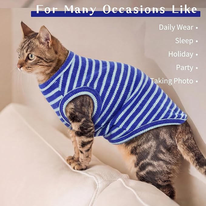 BRKURLEG Knit Cat Shirt, Sleeveless Pet Vest for Sphynx Cats and Small Dogs, Soft Pullover Spring Summer Apparel, Breathable T-Shirts with Round Collar (Blue Stripes, S)