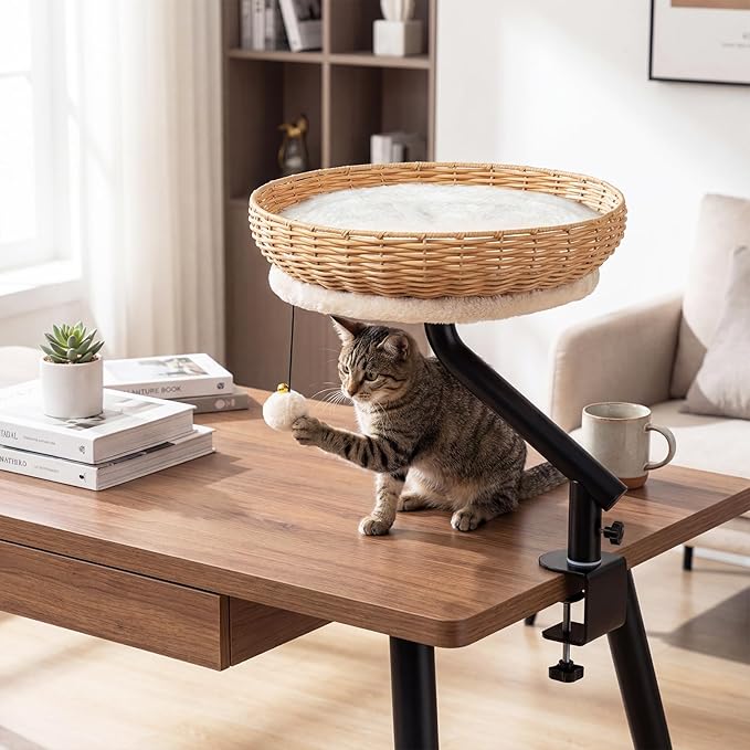Tangkula Cat Desk Bed, 360° Rotatable Rattan Desk Cat Bed Attachment with Removable Padded Cushion, Hanging Jingling Ball & Secure Clamp, Elevated Pet Nest Perch Hammock for Various Desktops
