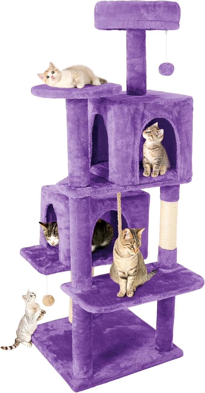 59in Large Cat Tree Tower for Indoor Cats with Soft Plush Hang Ball, Two Condos, Sisal Scratch Posts & Rope Play for Kittens/Adult Cats, Purple