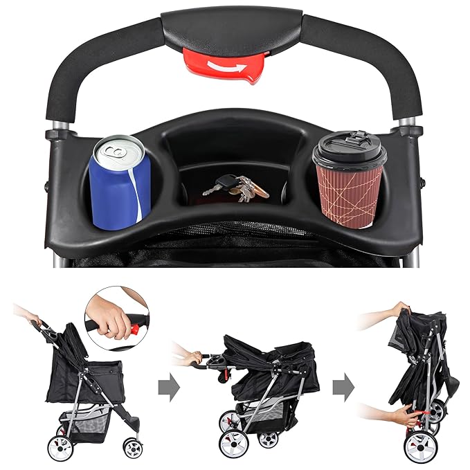 JungleA Foldable Pet Stroller for Cats Dogs,3 Wheel Pet Cage Jogger Cart for Small to Medium Pets,Lightweight & Portable & Durable Pet Stroller with Weather Cover, Storage Basket and Cup Holder