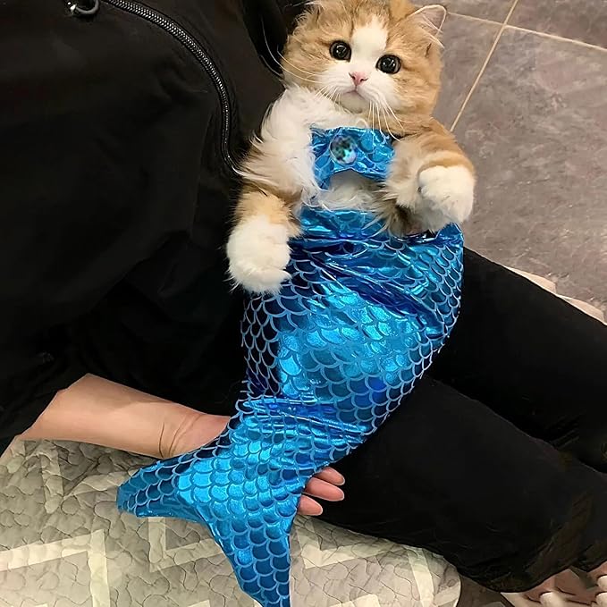 Generic cat Mermaid Costume, Mermaid Tail for Cats, Mermaid Tail Clothes Sequin Mermaid Dress, Comfortable & Soft Dog Outfit, Funny Pet Costumes for Cat and Dog, Blue