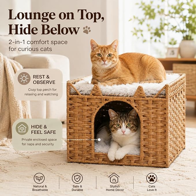 Cat Bed with Ears - Handwoven Rattan Cat Cave House for Indoor Kittens, Foldable Hideaway with 2 Removable Cushions, 16.5x16.5x13.2 Inch Natural Pet Cube for Living Room/Bedroom Natural