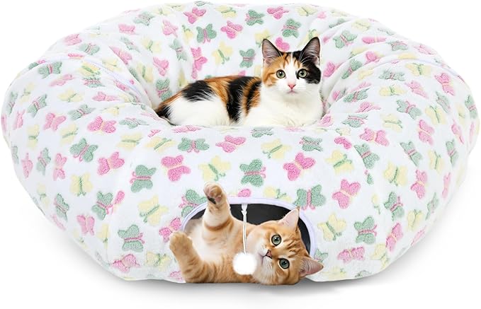 Cat Tunnels for Indoor Cats, 35'' Plush Cat Tunnel Bed with Playful Ball and Circle Cushion, Multifunctional Peekaboo Cat Cave, Interactive Toy Gift for Cats, Kittens, Rabbits,WhiteButterfly